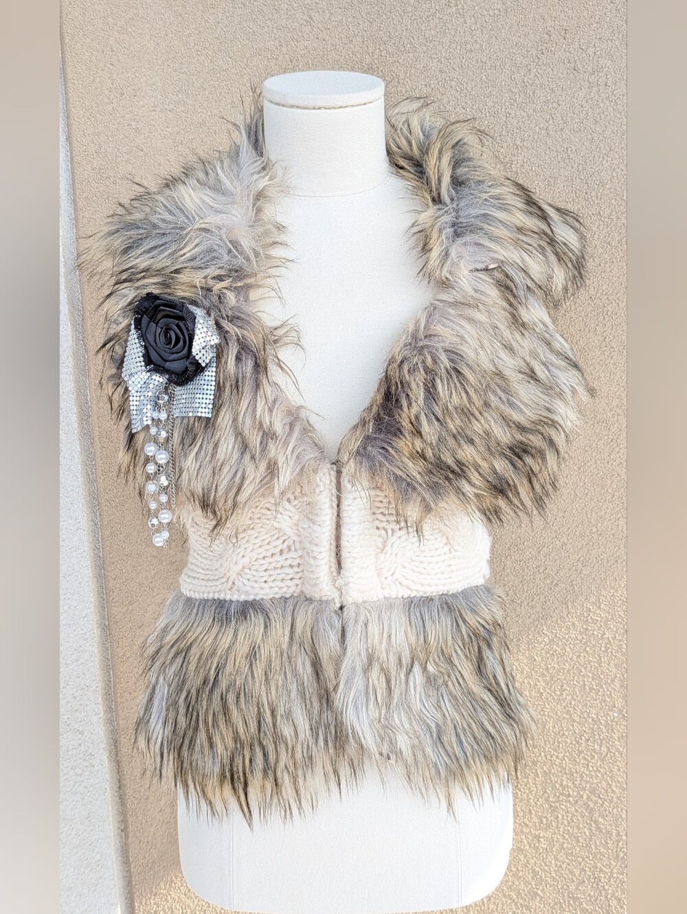 Jessica Simpson Faux Fur Cable Knit Vest Leopard Lining Cream XS